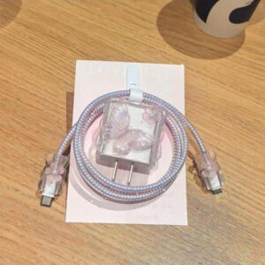 5 pièces Petit ensemble de chargeur de téléphone 20W/18W rose clair/violet avec design de nœud cœur/nœud doré/cerise et fausse perle blanche, protecteur de câble de charge, étui protecteur de tête de charge, compatible avec le chargeur Apple