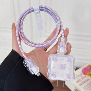 5 pièces Petit ensemble de chargeur de téléphone 20W/18W rose clair/violet avec design de nœud cœur/nœud doré/cerise et fausse perle blanche, protecteur de câble de charge, étui protecteur de tête de charge, compatible avec le chargeur Apple