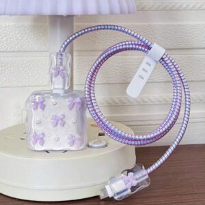 5 pièces Petit ensemble de chargeur de téléphone 20W/18W rose clair/violet avec design de nœud cœur/nœud doré/cerise et fausse perle blanche, protecteur de câble de charge, étui protecteur de tête de charge, compatible avec le chargeur Apple