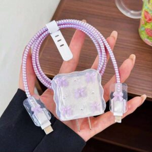 5 pièces Petit ensemble de chargeur de téléphone 20W/18W rose clair/violet avec design de nœud cœur/nœud doré/cerise et fausse perle blanche, protecteur de câble de charge, étui protecteur de tête de charge, compatible avec le chargeur Apple