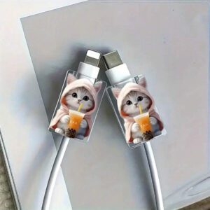 2/4 pièces Protecteur de câble design chat de bande dessinée, mignon et , en matériau acrylique, protège la tête de charge, l'écouteur, les câbles de téléphone contre la rupture, prolonge la durée de vie du câble de données, compatible avec le câble de charge rapide 20W pour iPhone, protecteur de chargeur, accessoires de téléphone