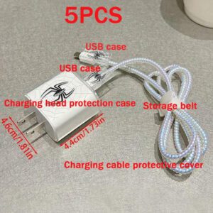 5 pièces Protecteurs de câble de chargeur compatibles avec le chargeur Apple 18/20W, protection en TPU noir style araignée
