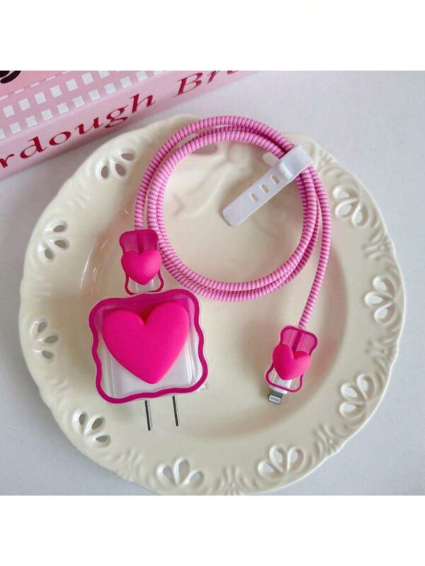 5 pièces Ensemble de boîtier de chargeur de téléphone compatible avec le chargeur Apple 18/20W avec boîtier de chargeur à nœud rose fuchsia 3D et câble de données avec corde de protection compatible avec les téléphones mobiles 16/15/14/13/12/11. Étui en TPU doux anti-rayures et anti-casse, protecteur de câble de chargeur – Image 6
