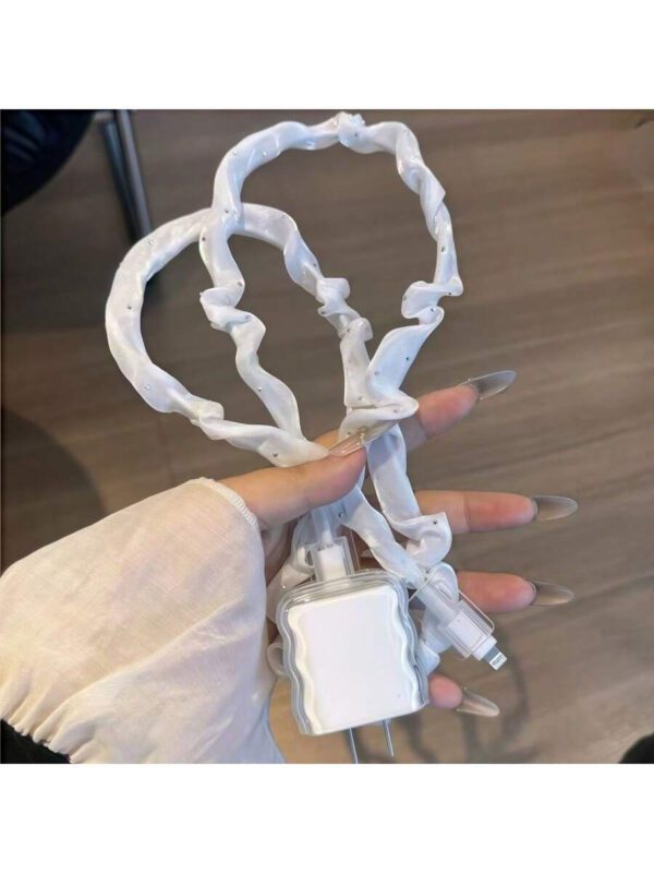 5 piÃ¨ces/set Protecteur de cÃ¢ble de donnÃ©es en maille Ã  motif floral 3D vague lapin, convient pour l'adaptateur de chargeur US 18/20W, compatible avec IPhone11/12/13/14/15/16 Pro Max, protecteur de cÃ¢ble anti-rupture de 1,5 m, Ã©tui de protection pour tÃªte de chargement en TPU â€“ Image 4