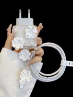 5 pièces/set Protecteur de chargeur de version européenne 20W avec design de fleur de camélia, protecteur de câble compatible avec IPhone11/12/13/14/15/16 Pro Max, câble de données anti-pliage, fixateur de câble de données, câble de données anti-rupture, étui de protection pour tête de chargeur en TPU. Accessoires de chargeur, accessoires de téléphone – Image 4