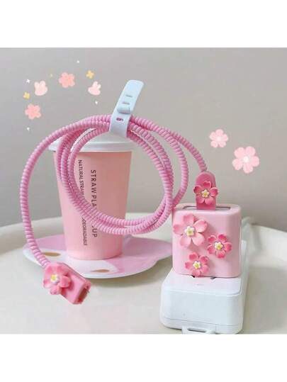 5 pièces Set Protecteur de câble de charge fleur de cerisier rose, convient pour 14 Adaptateur de chargeur 20W, support de chargeur, accessoires de chargeur, accessoires de téléphone